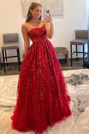 Sparkly Red Long Prom Dress with Pockets