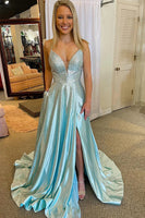 Load image into Gallery viewer, Light Blue V-Neck Long Prom Dress with Criss Cross Back