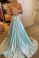 Load image into Gallery viewer, Light Blue V-Neck Long Prom Dress with Criss Cross Back