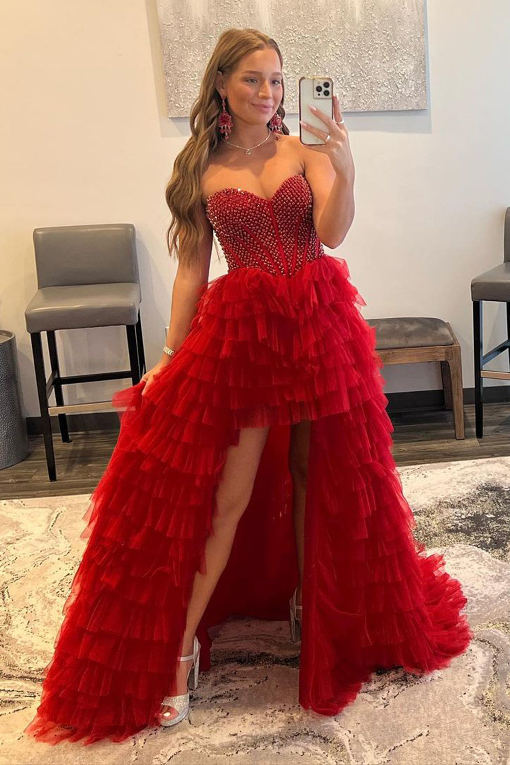 Red Beaded A-Line Tiered High Low Prom Dress