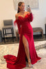 Load image into Gallery viewer, Red Detachable Long Sleeves Long Prom Dress with Feathers