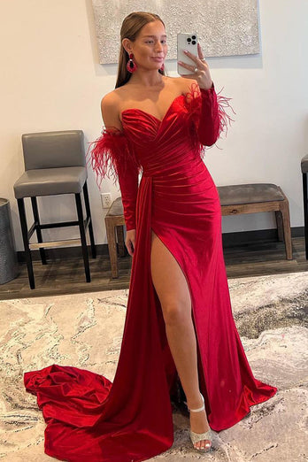 Red Detachable Long Sleeves Long Prom Dress with Feathers