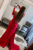 Load image into Gallery viewer, Red Detachable Long Sleeves Long Prom Dress with Feathers