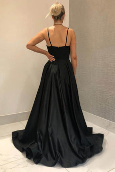 A-Line Spaghetti Straps Satin Black Long Prom Dress with Pockets