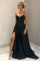 Load image into Gallery viewer, A-Line Spaghetti Straps Satin Black Long Prom Dress with Pockets