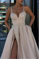 Load image into Gallery viewer, A-Line Spaghetti Straps Satin Black Long Prom Dress with Pockets