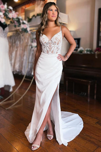 White Lace-Up Back Wedding Dress with Slit