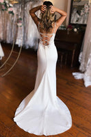 Load image into Gallery viewer, White Lace-Up Back Wedding Dress with Slit