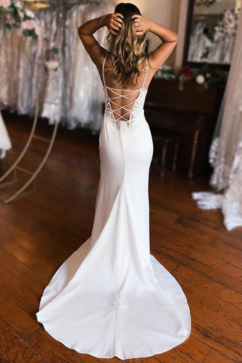White Lace-Up Back Wedding Dress with Slit