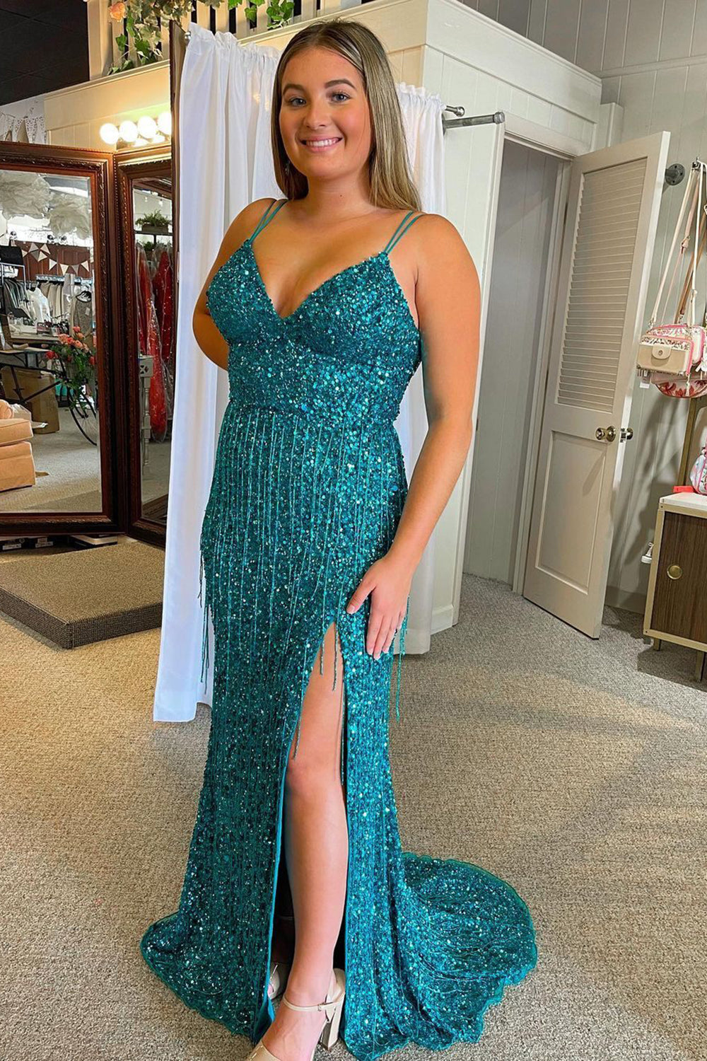Sparkly Turquoise Mermaid Sequins Long Prom Dress with Fringes