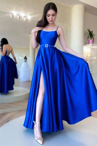 A Line Spaghetti Straps Royal Blue Long Prom Dress with Split Front