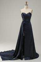 Load image into Gallery viewer, A Line Sweethaert Navy Blue Long Prom Dress with Split Front