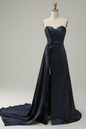 A Line Sweethaert Navy Blue Long Prom Dress with Split Front