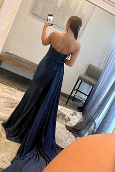 A Line Sweethaert Navy Blue Long Prom Dress with Split Front