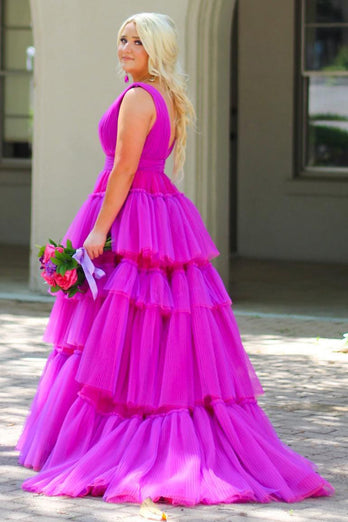 Purple Tiered Tulle A-Line Prom Dress
