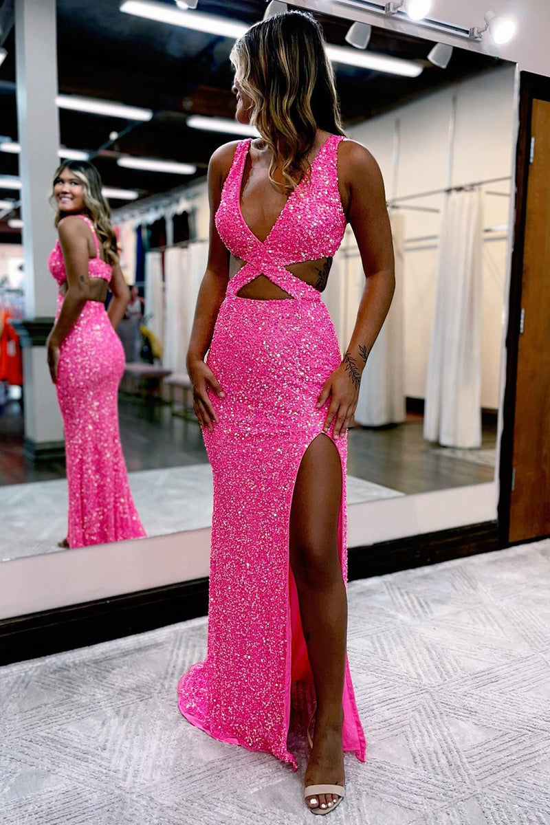 Load image into Gallery viewer, Hot Pink Sequins Hollow-Out Mermaid Prom Dress