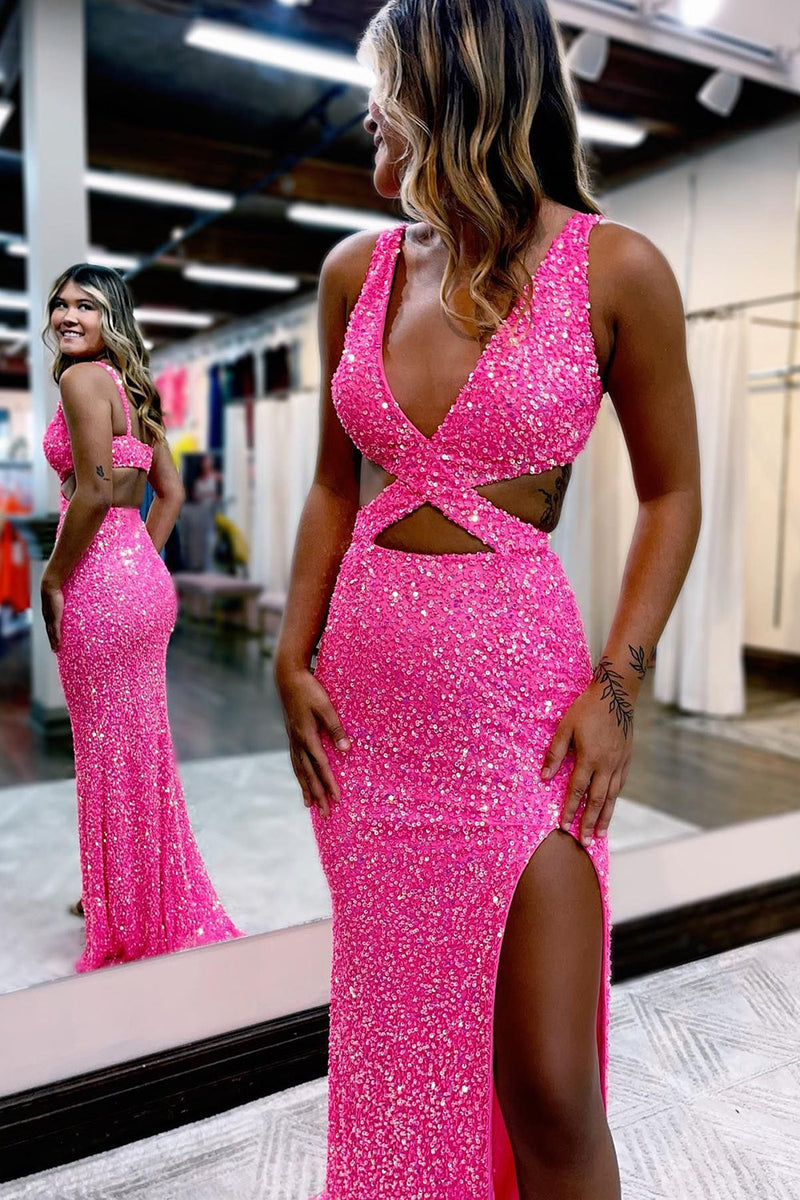 Load image into Gallery viewer, Hot Pink Sequins Hollow-Out Mermaid Prom Dress