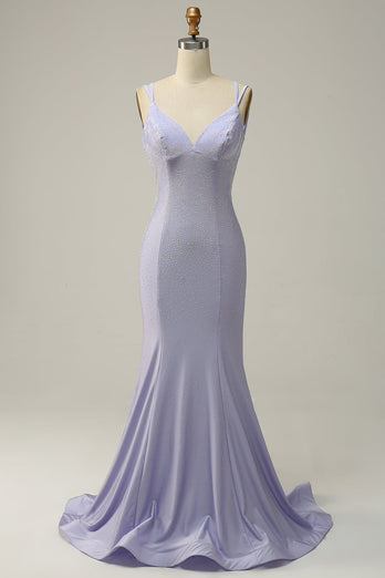 Lavender Rhinestone Spaghetti Straps Mermaid Prom Dress