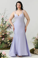 Load image into Gallery viewer, Mermaid Spaghetti Straps Lilac Plus Size Prom Dress with Criss Cross Back