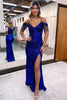 Load image into Gallery viewer, Royal Blue Off the Shoulder Sequins Sheath Prom Dress with Fringes