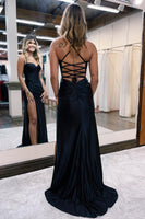 Load image into Gallery viewer, Spaghetti Straps Satin Black Prom Dress with Slit