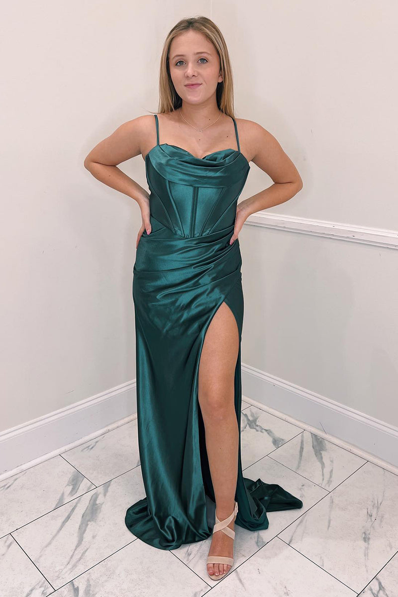 Load image into Gallery viewer, Hot Pink Spaghetti Straps Satin Mermaid Prom Dress with Slit