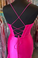 Load image into Gallery viewer, Hot Pink Spaghetti Straps Satin Mermaid Prom Dress with Slit