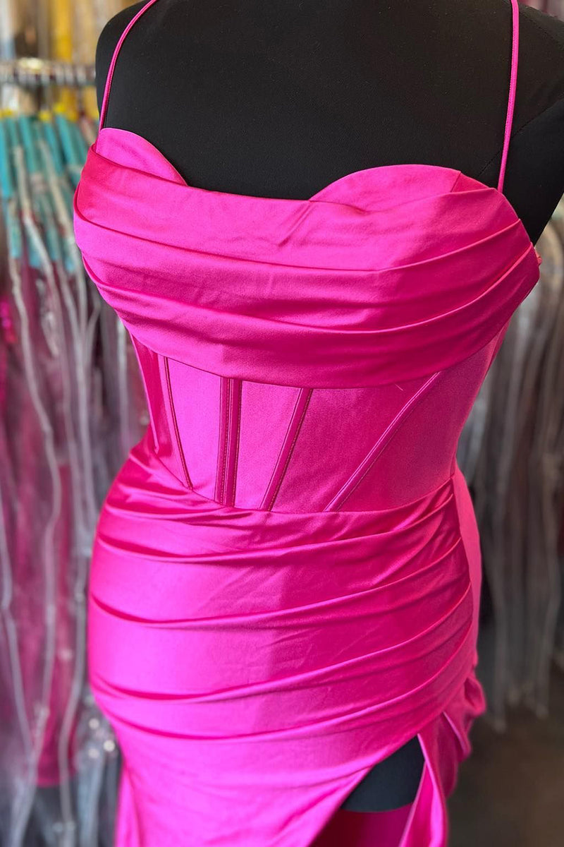 Load image into Gallery viewer, Hot Pink Spaghetti Straps Satin Mermaid Prom Dress with Slit