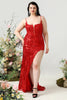 Load image into Gallery viewer, Mermaid Spaghetti Straps Red Sequins Plus Size Prom Dress with Split Front