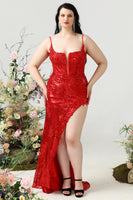 Load image into Gallery viewer, Mermaid Spaghetti Straps Red Sequins Plus Size Prom Dress with Split Front