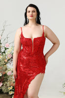 Load image into Gallery viewer, Mermaid Spaghetti Straps Red Sequins Plus Size Prom Dress with Split Front