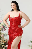 Load image into Gallery viewer, Mermaid Spaghetti Straps Red Sequins Plus Size Prom Dress with Split Front