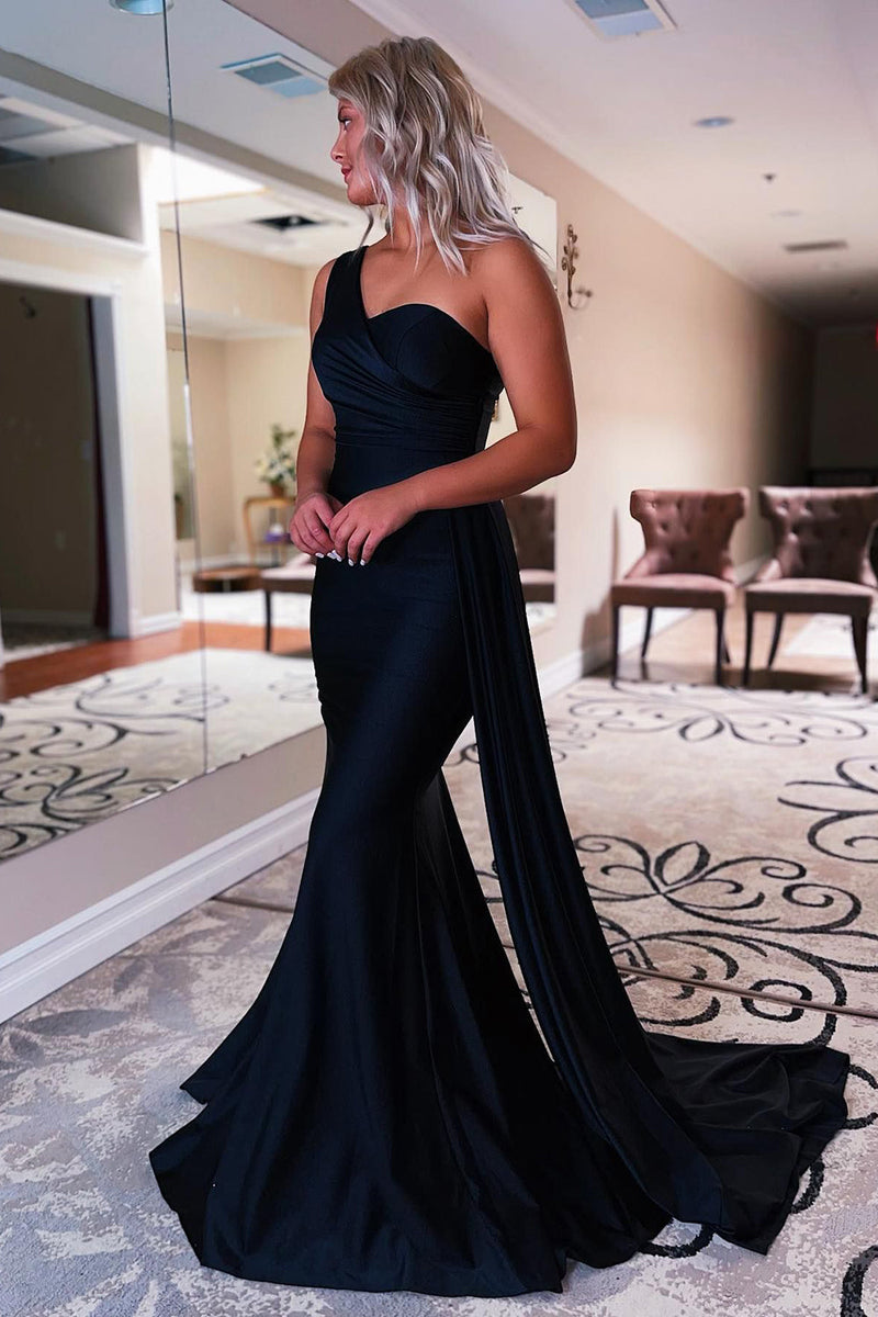 Load image into Gallery viewer, Black One Shoulder Mermaid Prom Dress