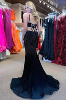 Load image into Gallery viewer, Mermaid Spaghettti Straps Black Sequins Long Prom Dress with Split Front