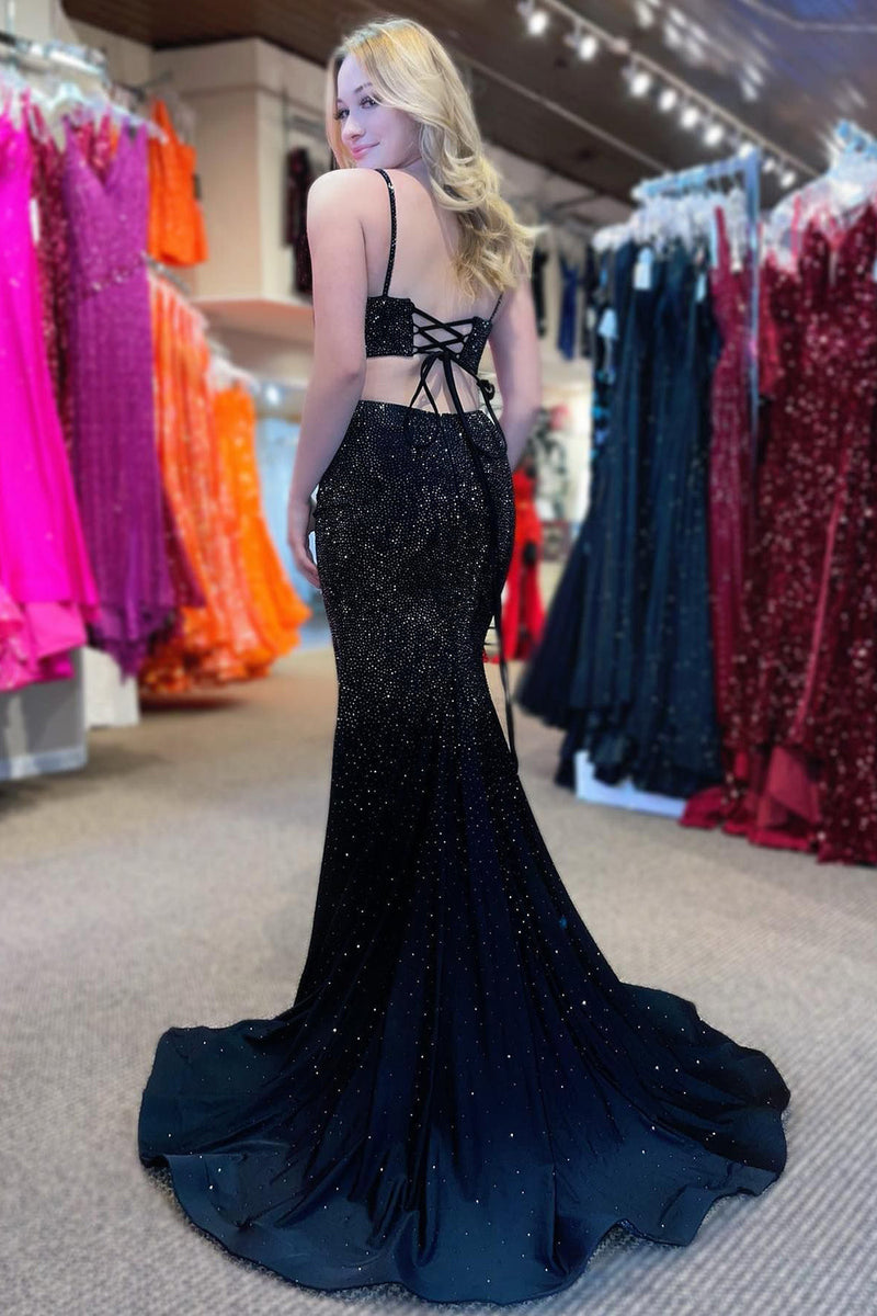 Load image into Gallery viewer, Mermaid Spaghettti Straps Dark Green Sequins Long Prom Dress with Split Front