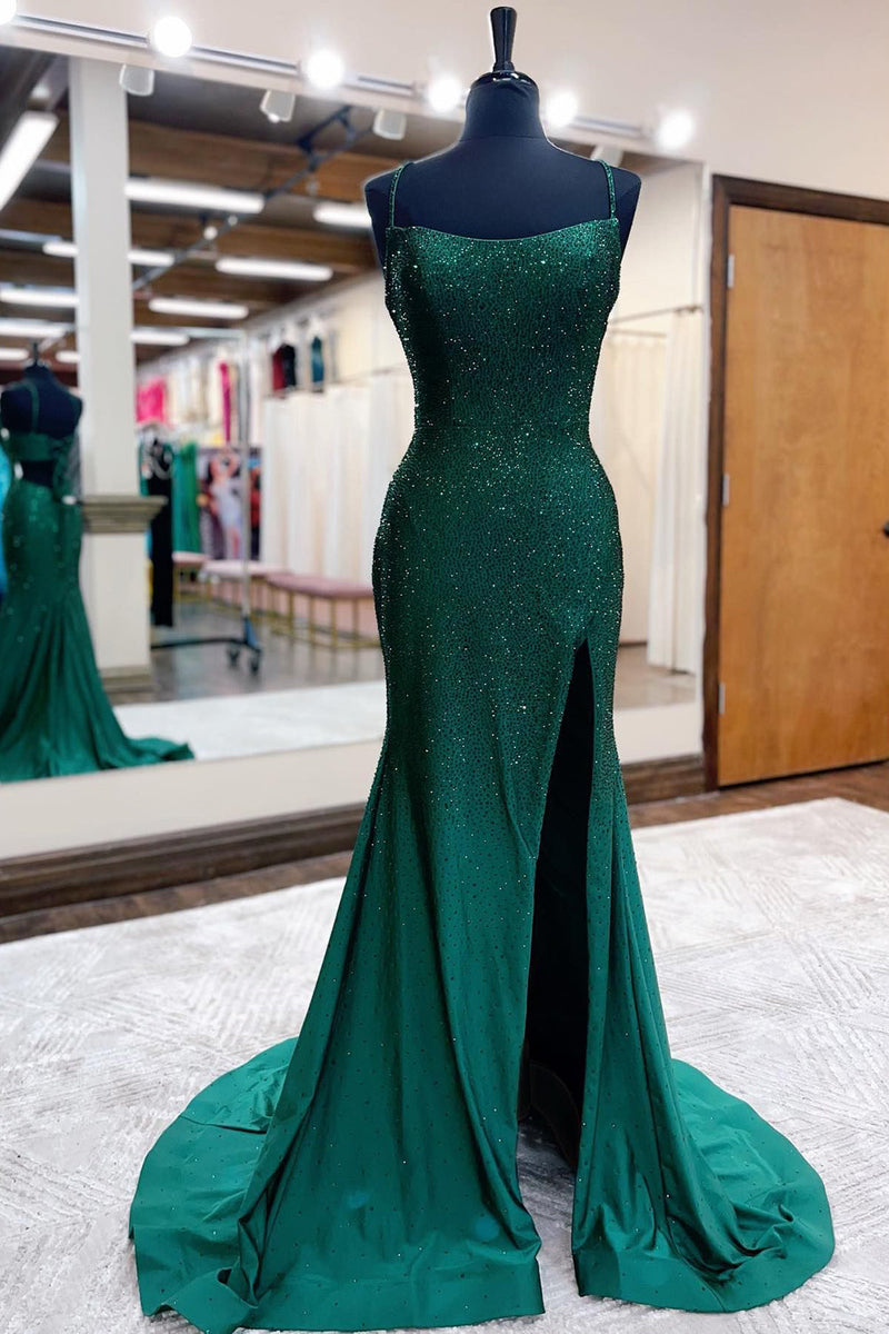 Load image into Gallery viewer, Mermaid Spaghettti Straps Red Sequins Long Prom Dress with Split Front