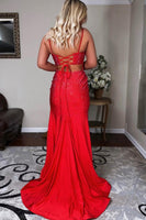 Load image into Gallery viewer, Mermaid Spaghettti Straps Red Sequins Long Prom Dress with Split Front