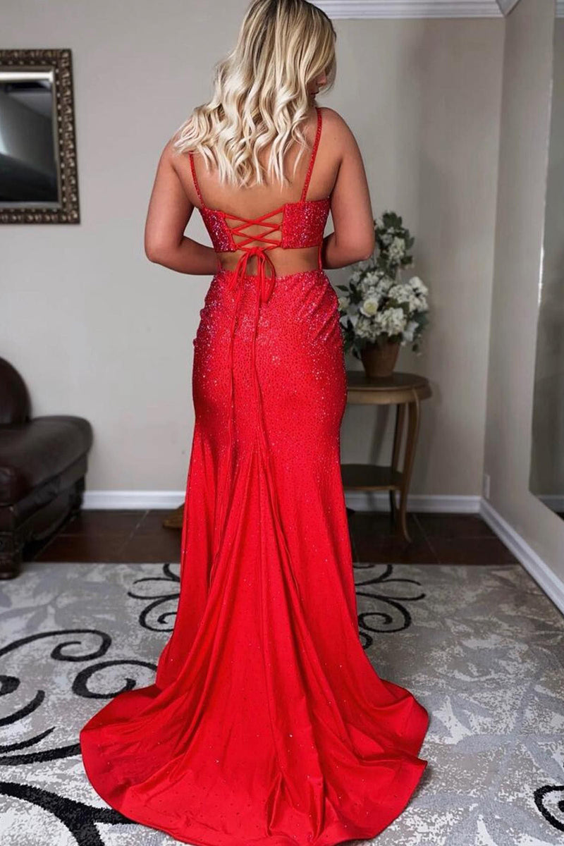 Load image into Gallery viewer, Mermaid Spaghettti Straps Red Sequins Long Prom Dress with Split Front