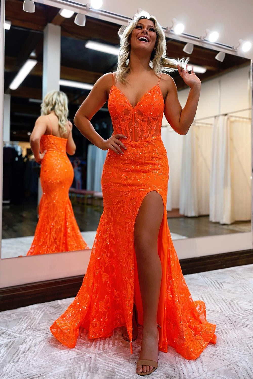 Queendancer Women Sparkly Sequins Prom Dress Orange Spaghetti Straps Mermaid Evening Dress with Slit queendanceruk Queendancer Women Sparkly Sequins Prom Dress Orange Spaghetti Straps Mermaid Evening Dress with Slit queendanceruk