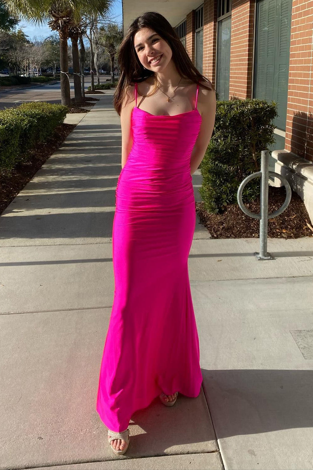 Mermaid Spaghetti Straps Hot Pink Long Prom Dress with Open Back