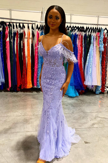 Mermaid Off the Shoulder Lilac Long Prom Dress with Feathers