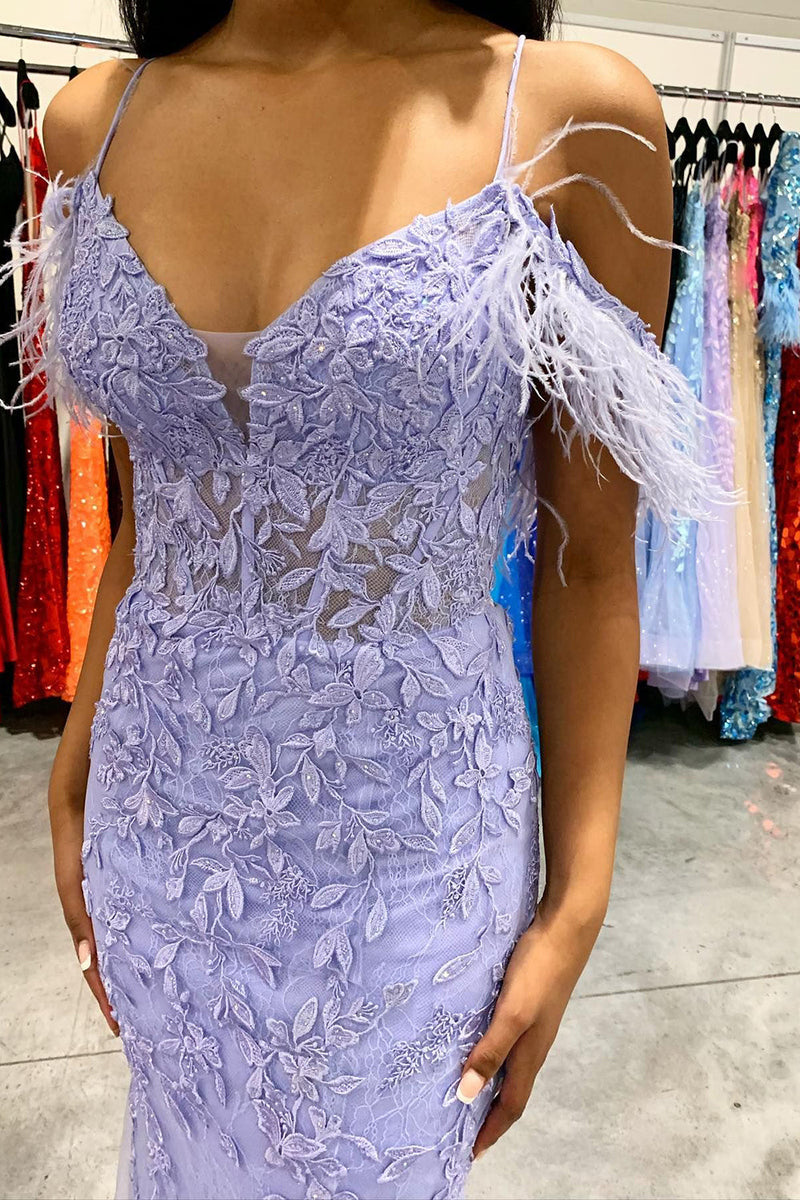Load image into Gallery viewer, Mermaid Off the Shoulder Lilac Long Prom Dress with Feathers