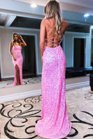 Load image into Gallery viewer, Sparkly Royal Blue Backless Sequins Long Prom Dress with Slit