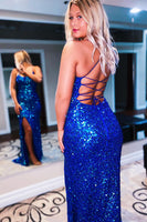 Load image into Gallery viewer, Sparkly Royal Blue Backless Sequins Long Prom Dress with Slit