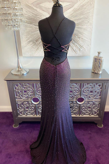 Dark Purple Lace-Up Back Mermaid Prom Dress with Beading