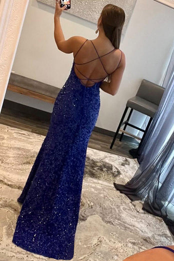 Sheath Spaghetti Straps Royal Blue Sequins Long Prom Dress with Split Front