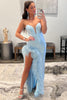Load image into Gallery viewer, Sheath Sweetheart Light Blue Sequins Long Prom Dress with Feather