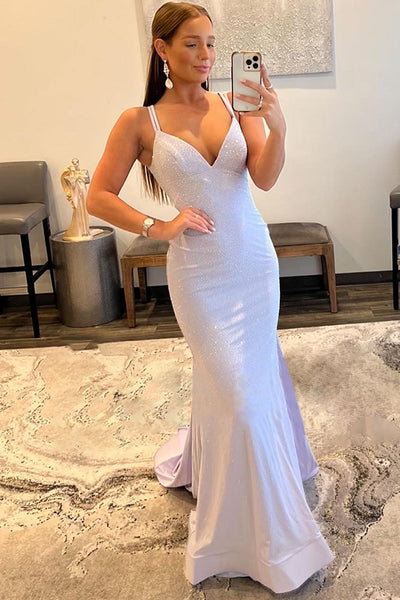 Sparkly Mermaid Spaghetti Straps White Sequins Long Prom Dress