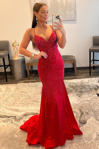 Mermaid Spaghetti Straps Red Long Prom Dress with Criss Cross Back