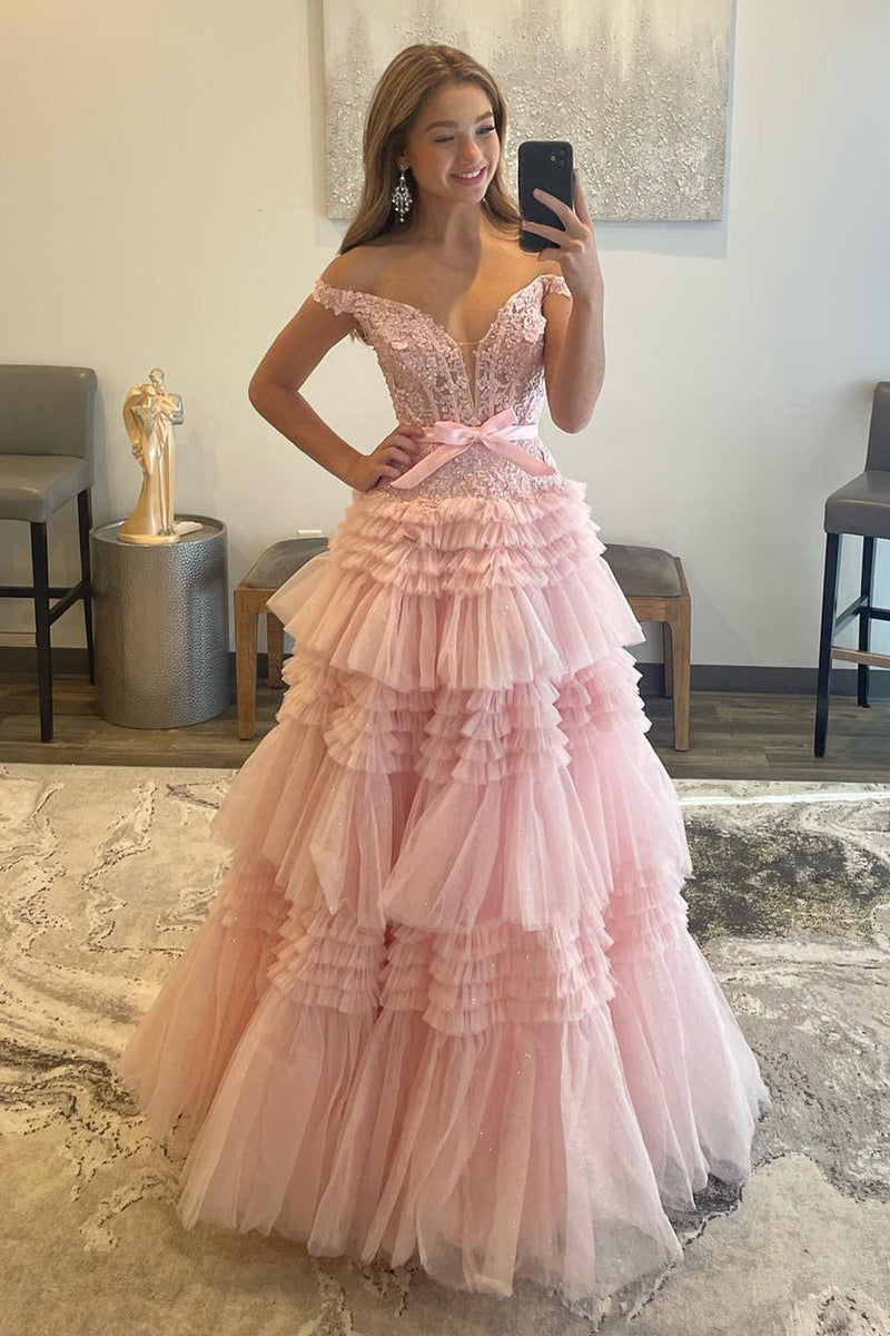 Load image into Gallery viewer, Princess A Line Off the Shoulder Light Pink Long Prom Dress with Ruffles